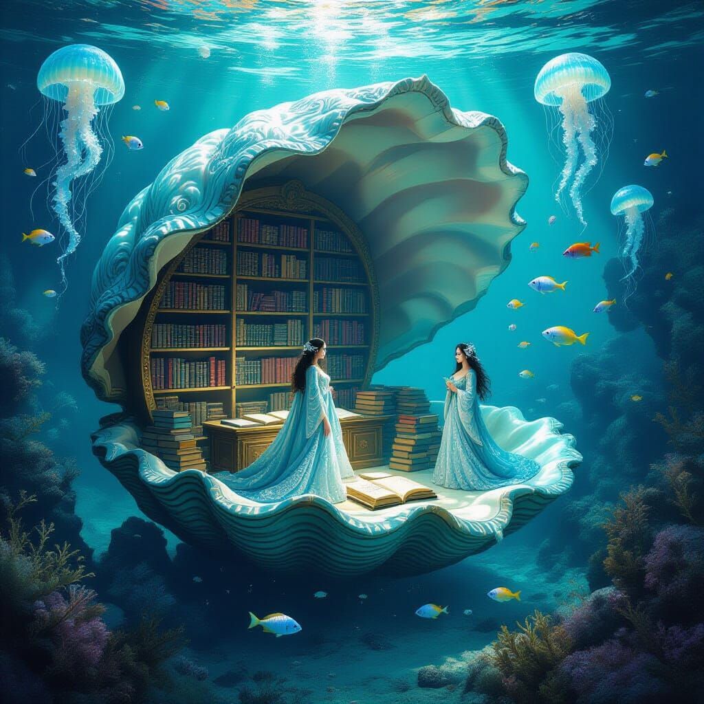 Underwater Library in Clam Shell, Surreal Bioluminescent Sce...