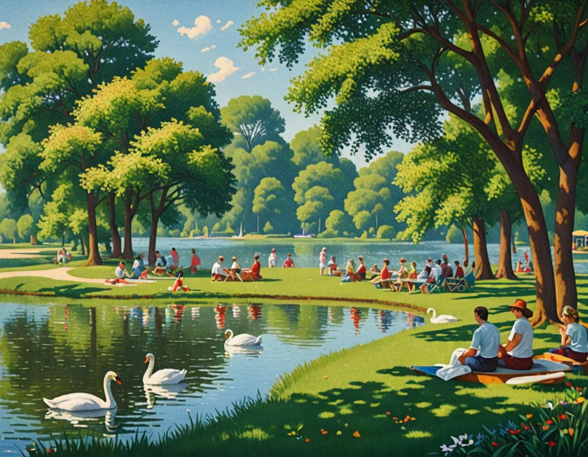 Pointillist Lake Scene with People Relaxing