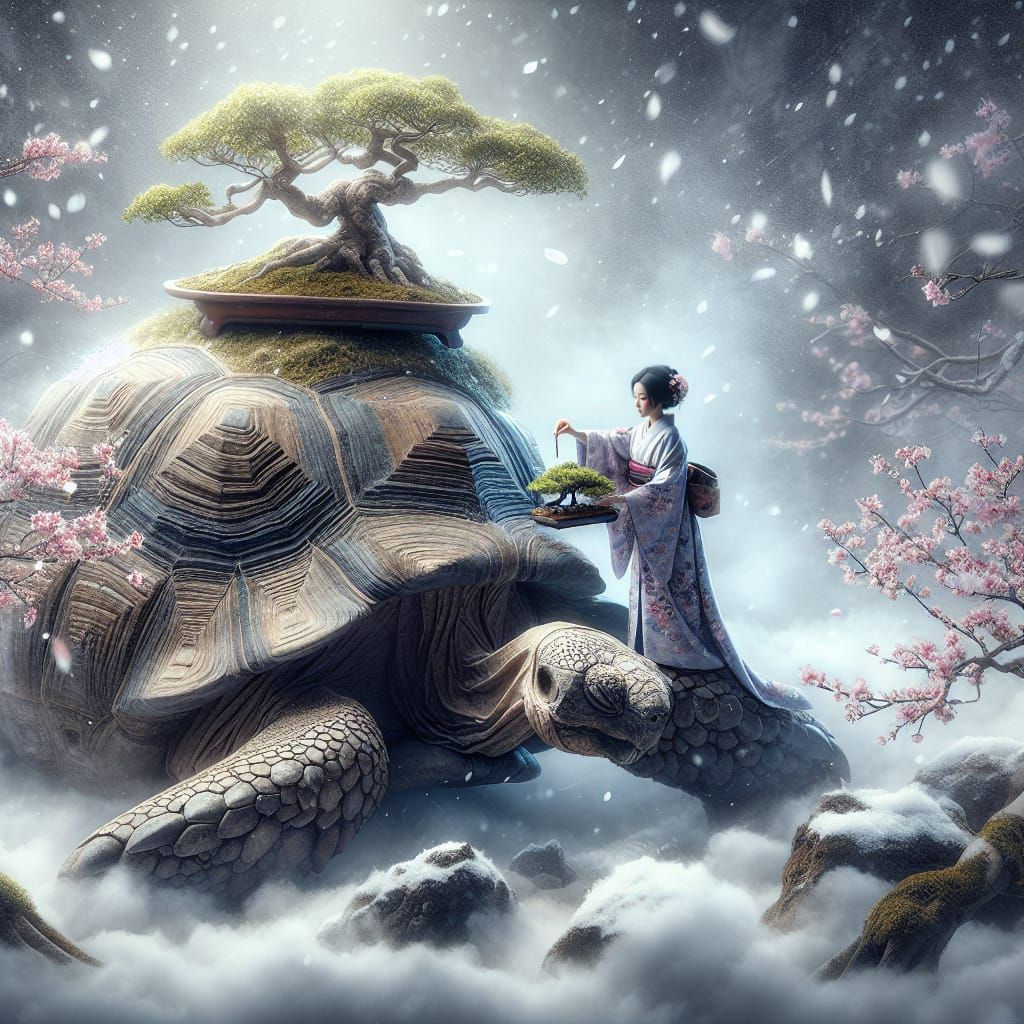 Bonsai tree care on a giant Galapagos turtle