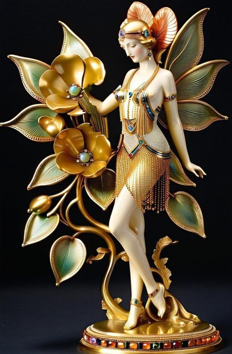 French Art Deco Goddess Statue with Gold Filigree