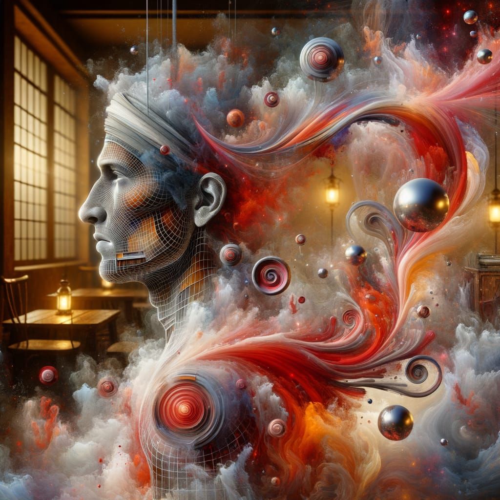 Wireframe Man Dissolving into Watercolour Mist