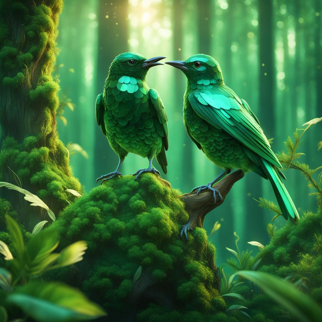 Emerald Green Crystal Bird in Fantasy Forest