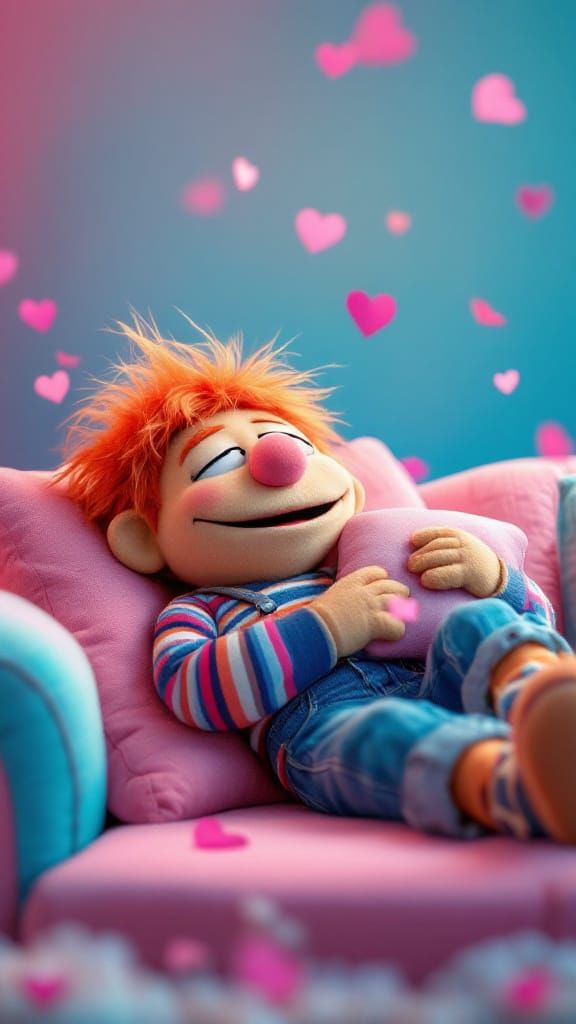 Funny Talking Puppet Relaxing on Cozy Couch