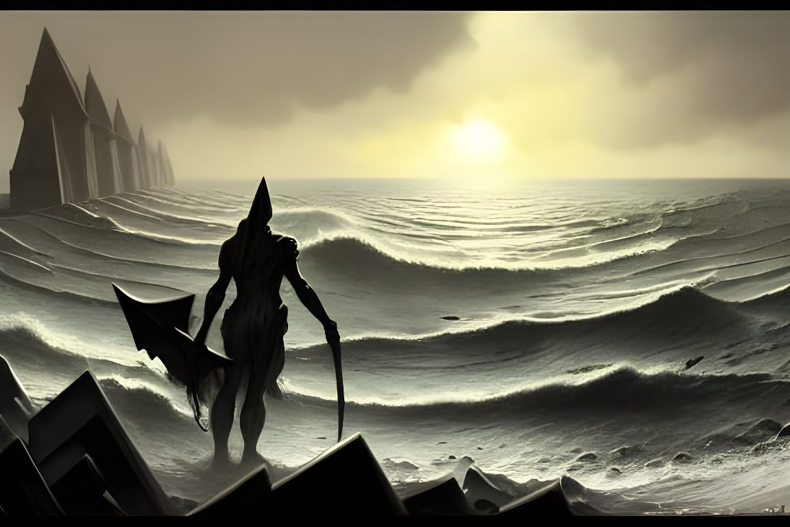 Epic Beach Assault in Sinister Ink Painting Style