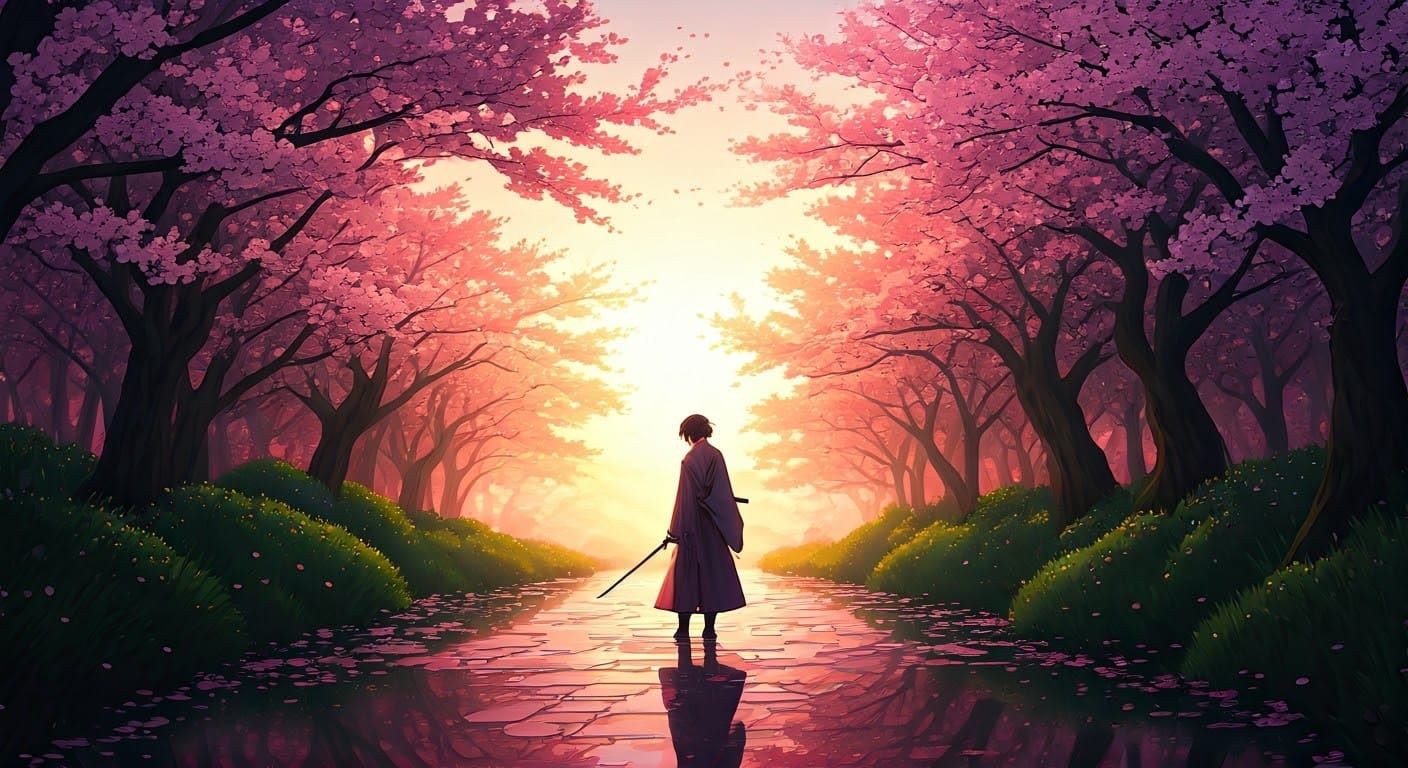 Mystical Samurai in Cherry Blossom Garden at Golden Hour
