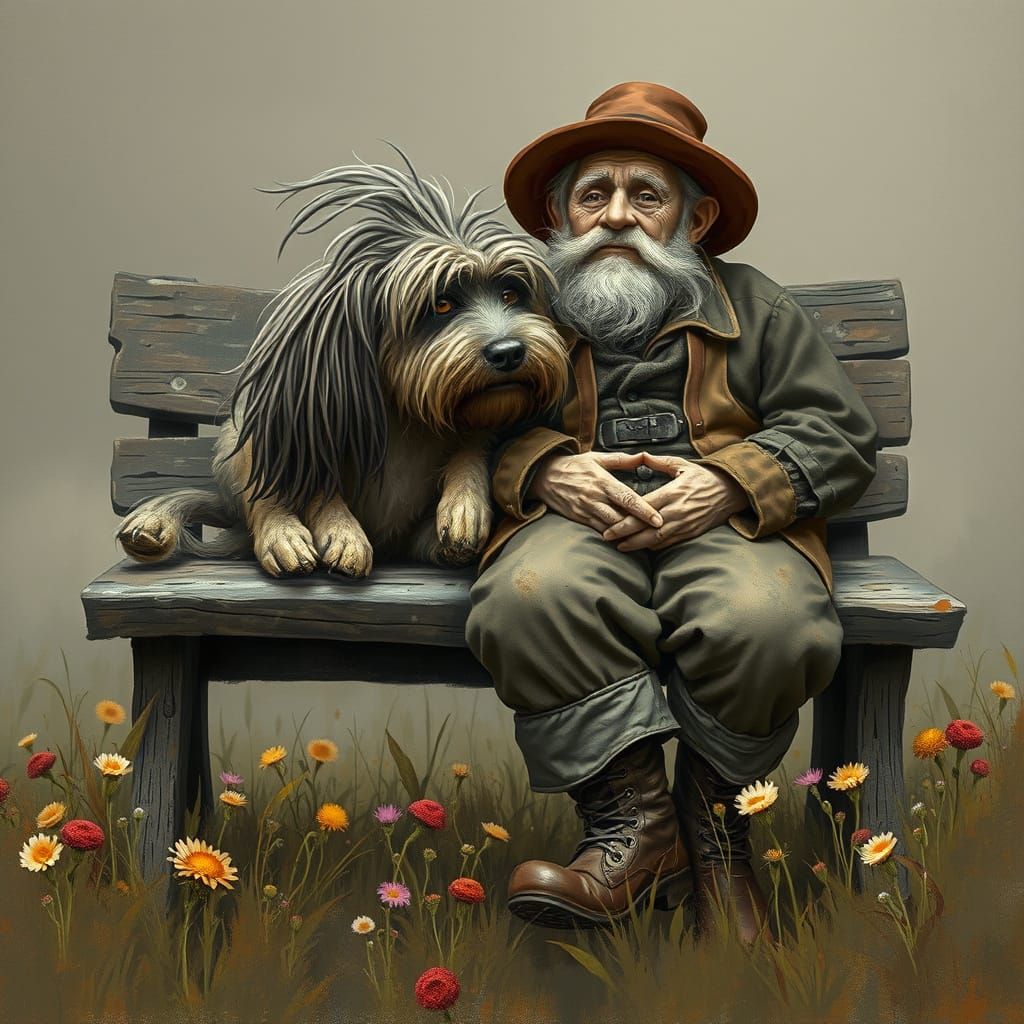 Whimsical Dog and Old Man in Painterly Style