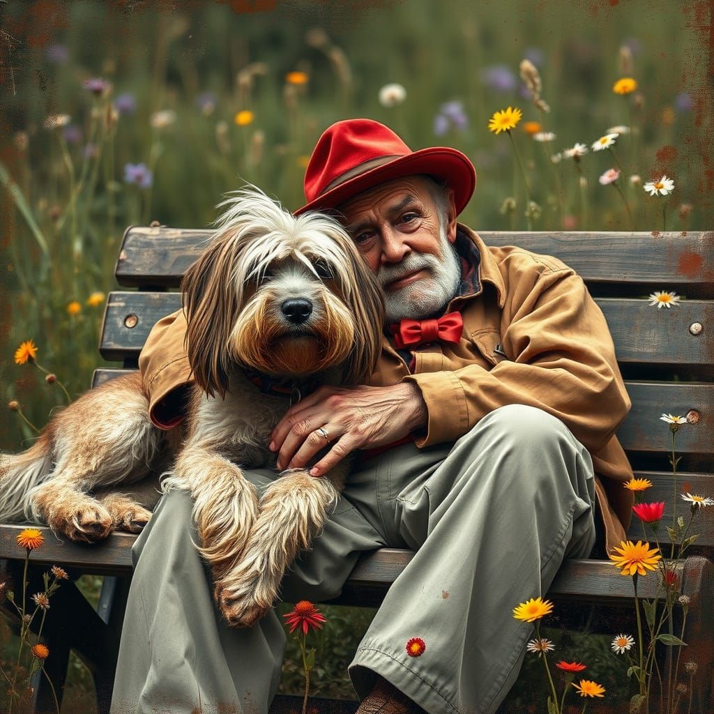 Dog and Old Man: Painterly Whimsical Scene