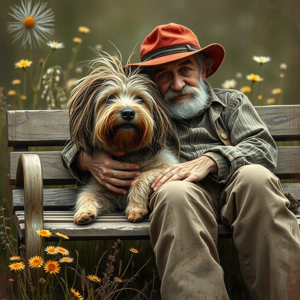 Dog and Man Resting Among Wildflowers as Oil Painting