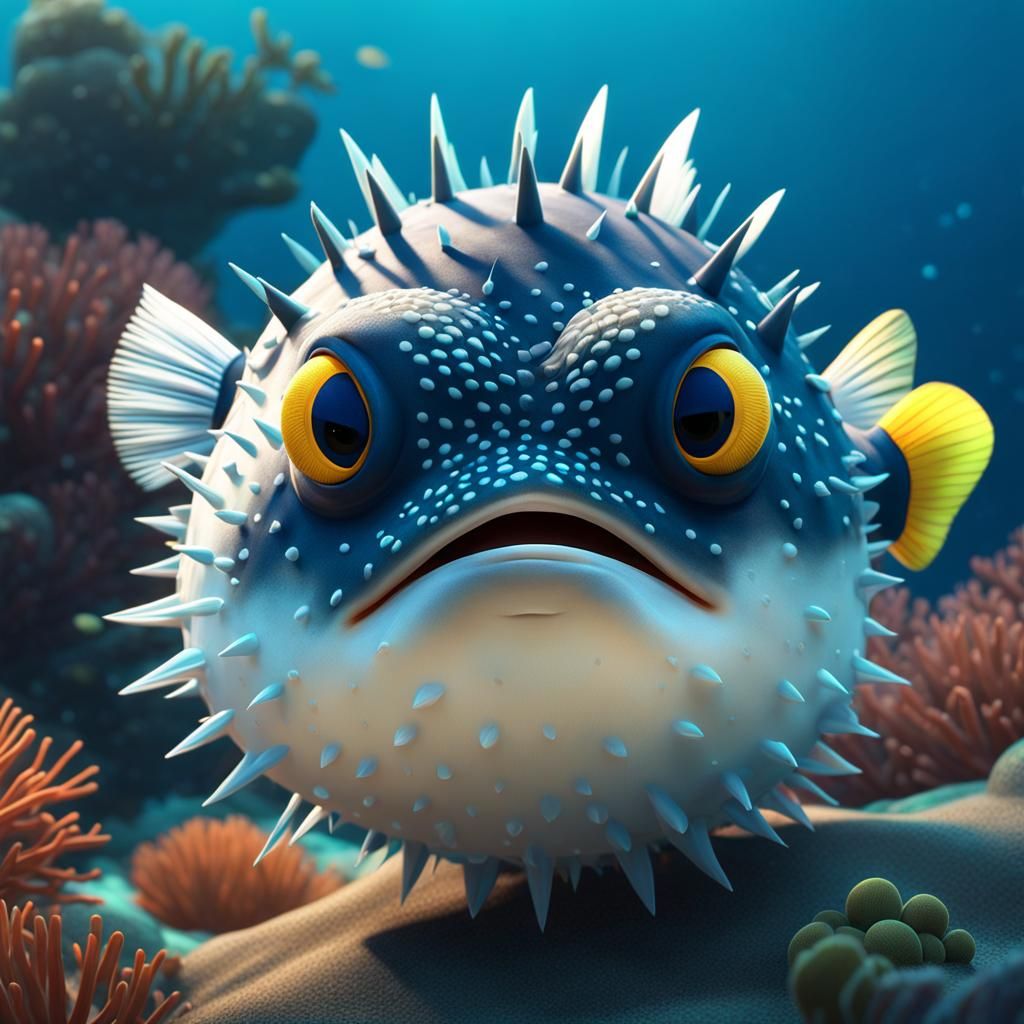 Grumpy Pufferfish Defending Territory, 3D Rendered Art
