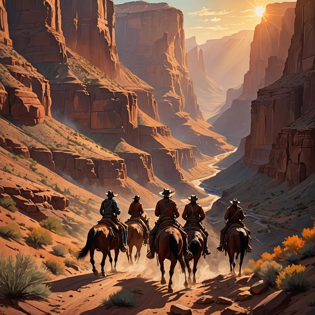 Indians on Horses in Canyon: Oil Painting Style