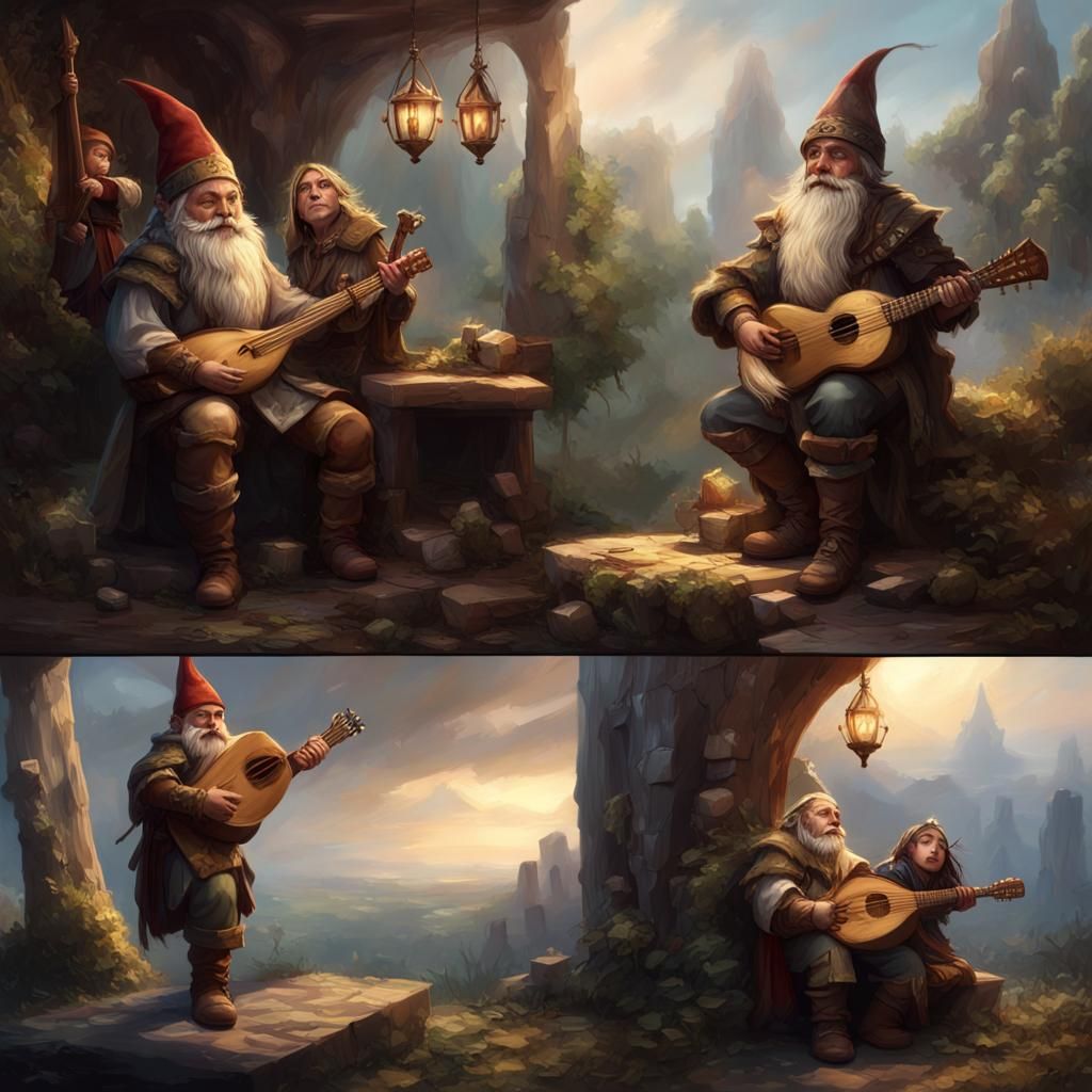 Gnome Bard Entertains Wood Elf and Human Party