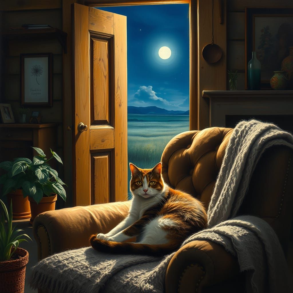 Cozy Cat in Cabin by Moonlight Oil Painting
