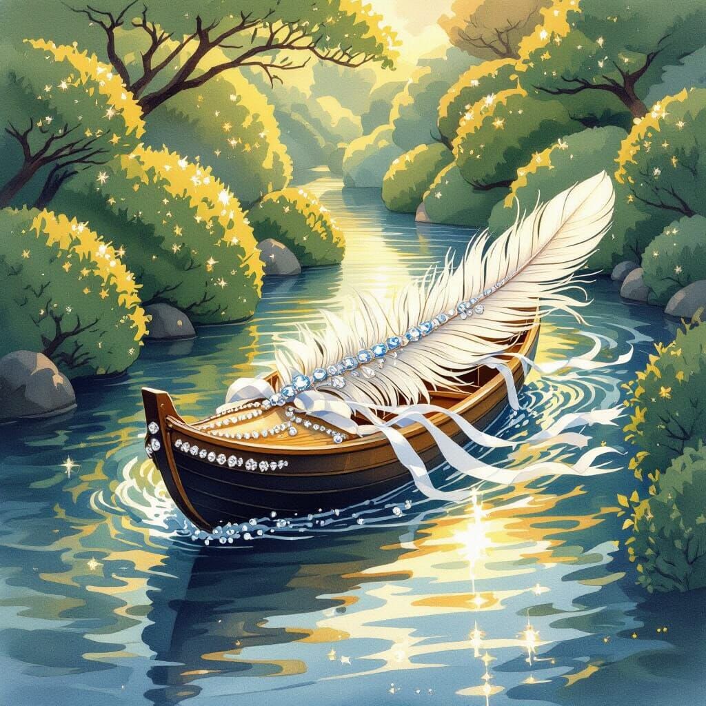 Whimsical Feather Boat on Wavy River with Jewels