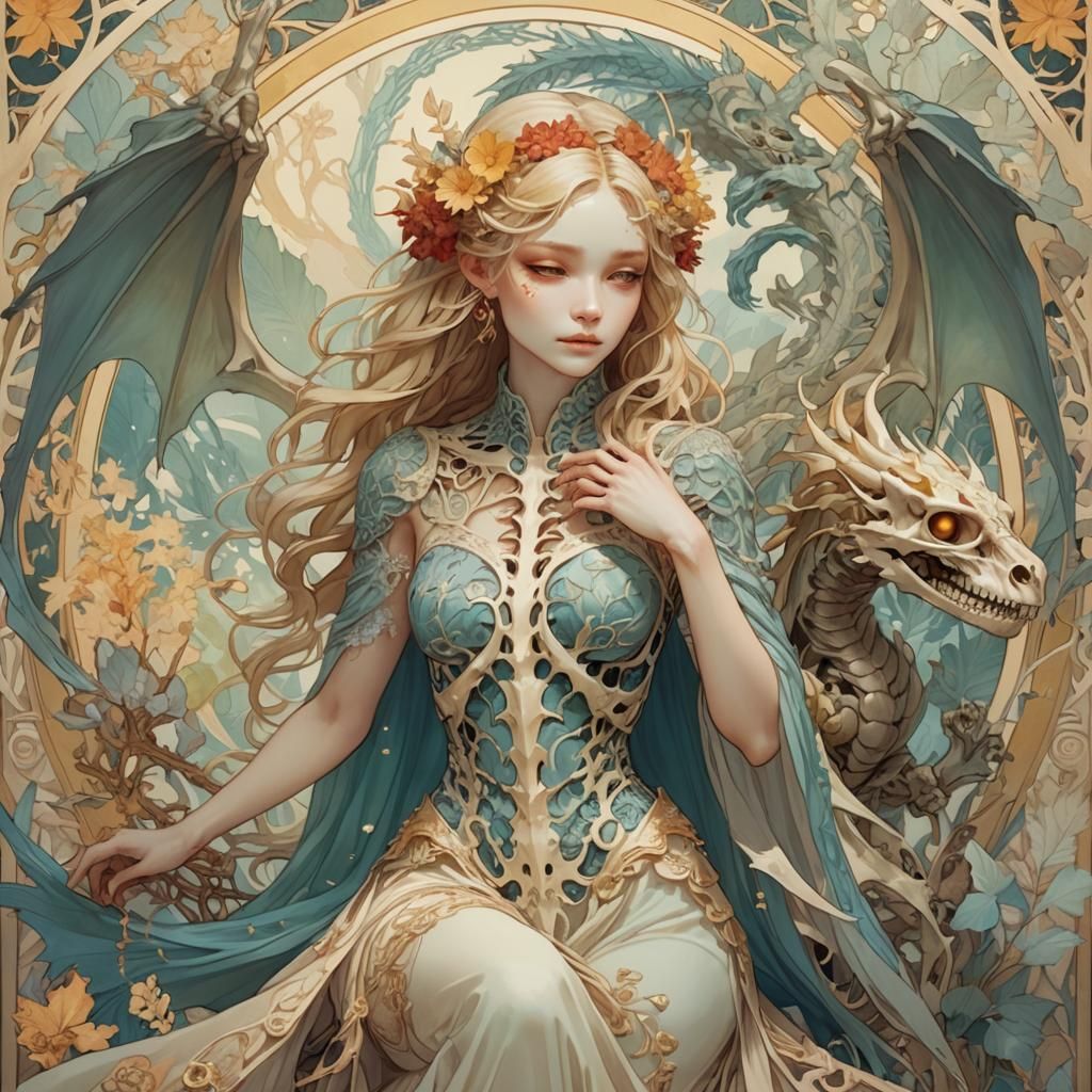 Ethereal Dragon Skeleton in Art Nouveau Style