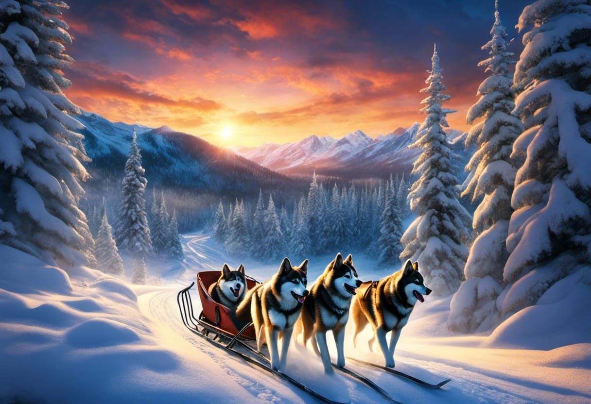 Team of Alaskan Husky Sled Dogs Pulling A SLED