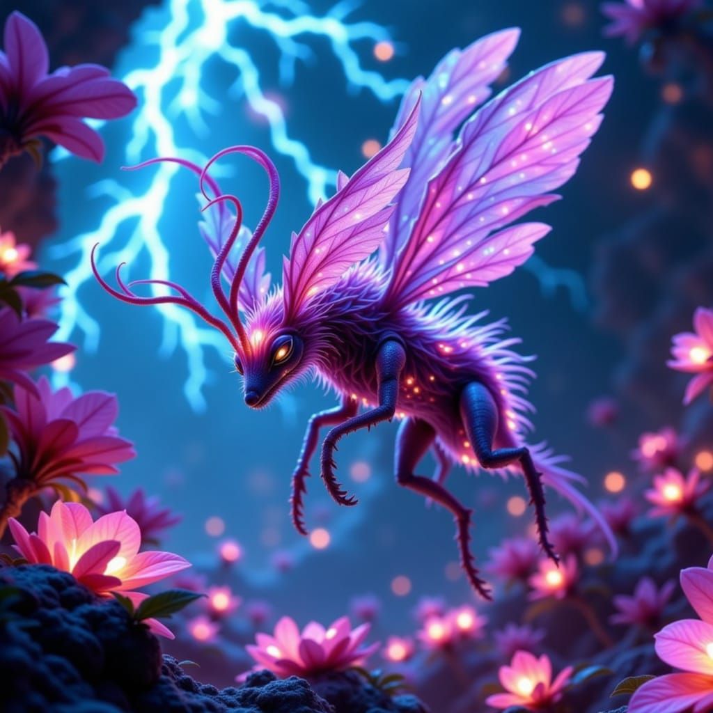 Ethereal Gryphon Creature Amidst Bioluminescent Flora