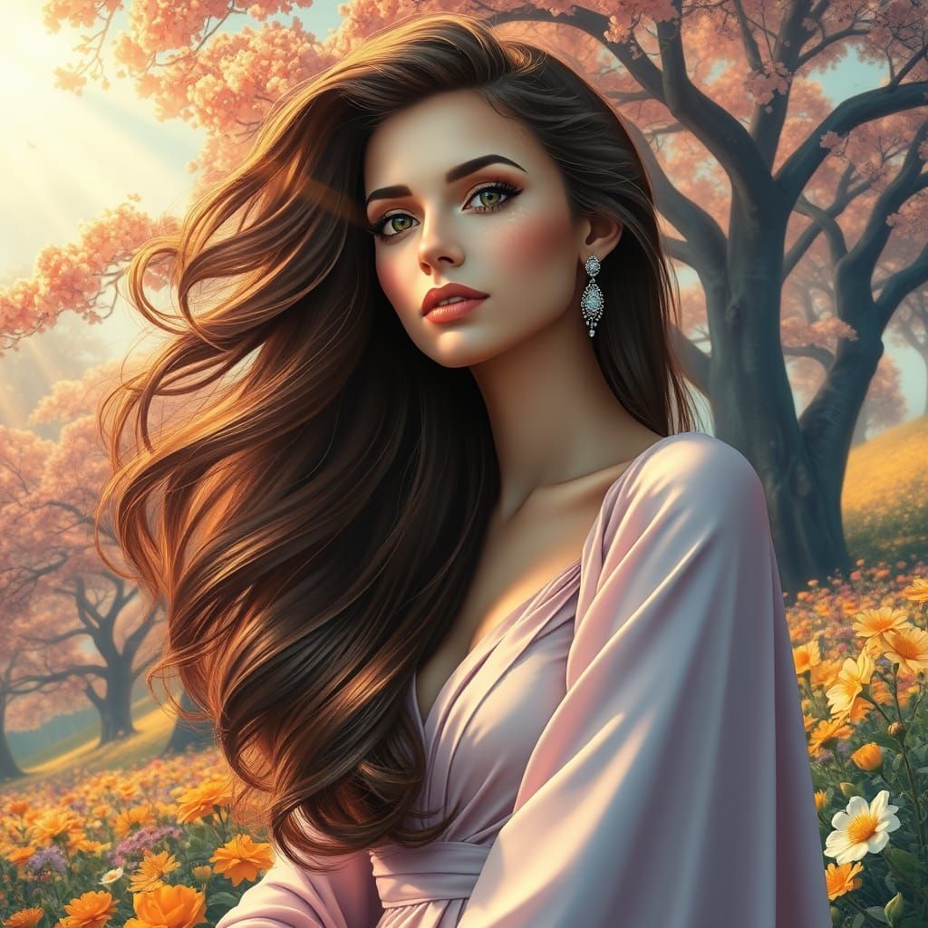 Elegant Brown Woman in Enchanted Floral Landscape