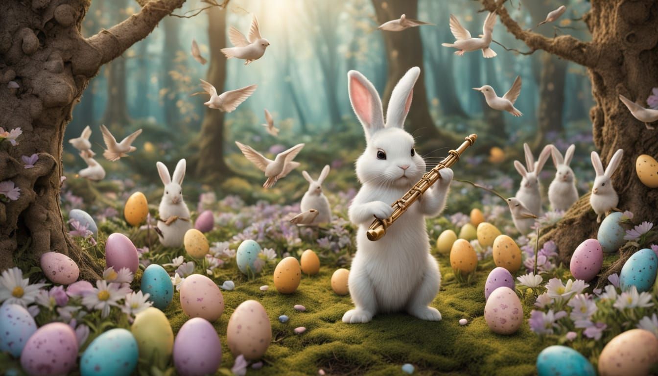 Whimsical Easter Bunny Plays Enchanted Flower Flute in Hidde...