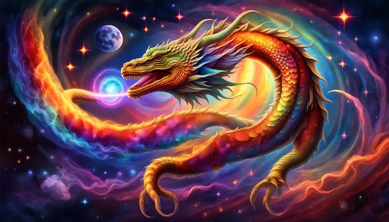 Cosmic Rainbow Dragon in Starry Nebula