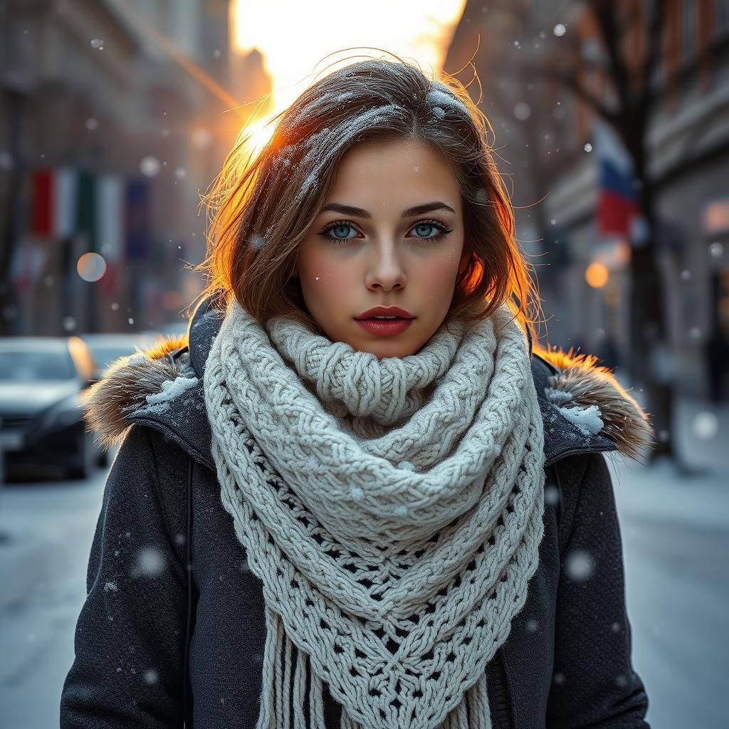 Cyberpunk Woman in Snowy Moscow Street