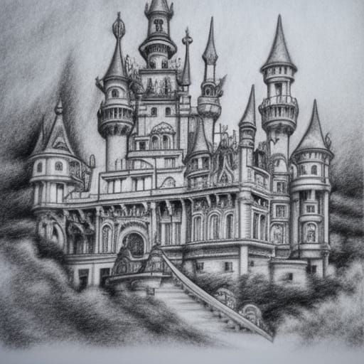 Art Nouveau Fairy Castle: Photorealistic Pencil Sketch