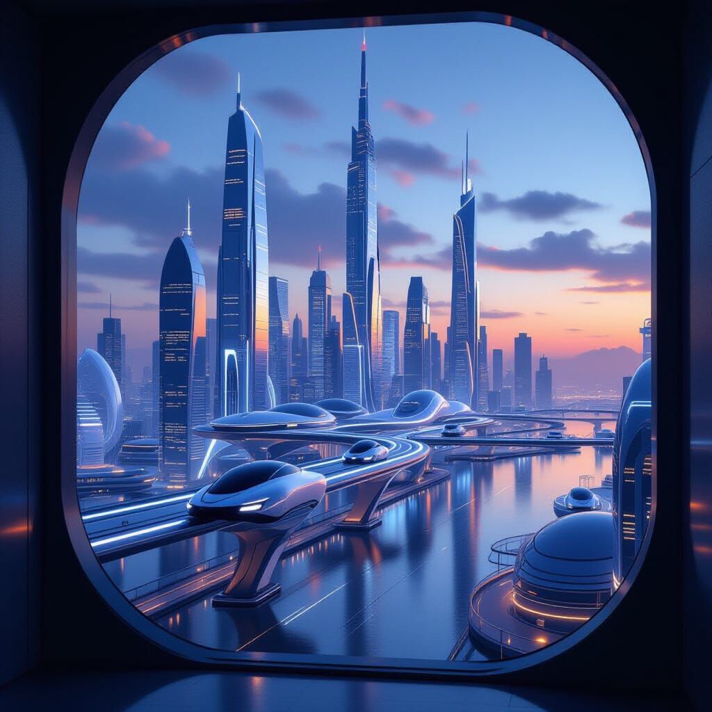 Futuristic City Skyline at Dusk with Luminous Skybridges