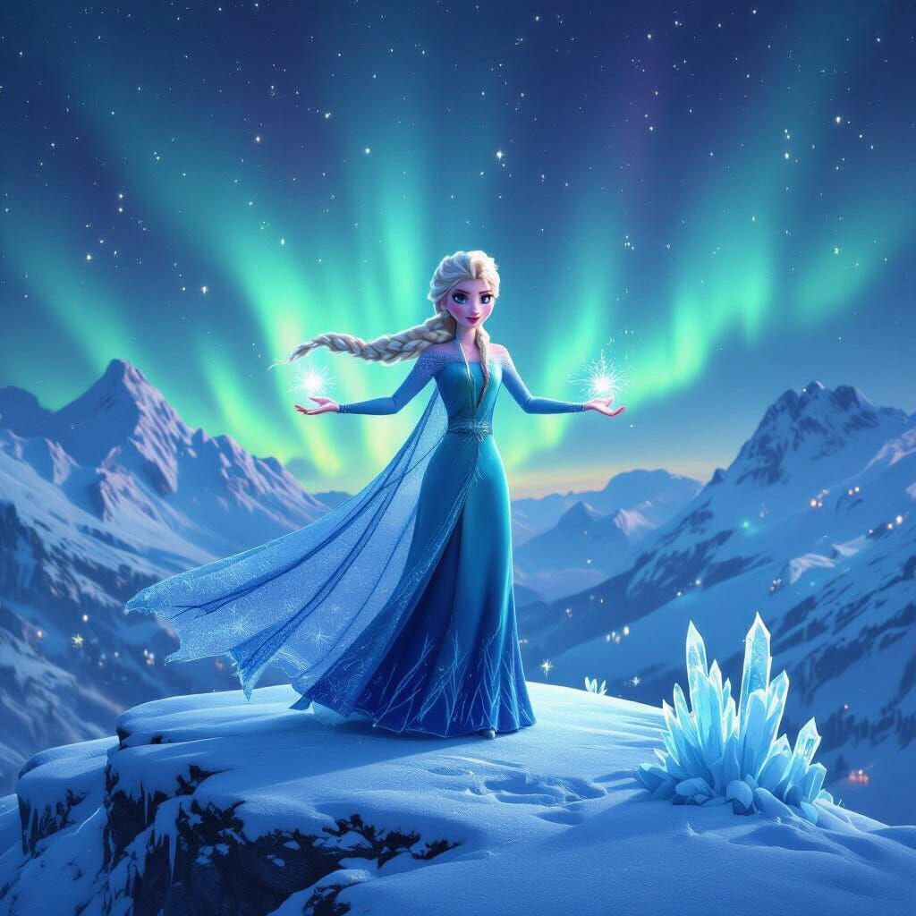 Elsa Conjures Snowflakes Under Aurora Borealis