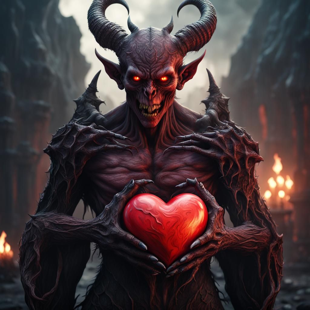 Terrifying Demon Holding Heart in Detailed Matte Painting