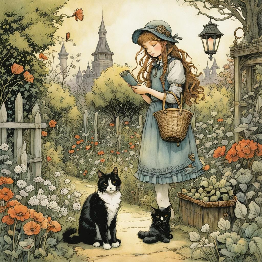 Girl and Cat in Garden, Fantasy Illustration