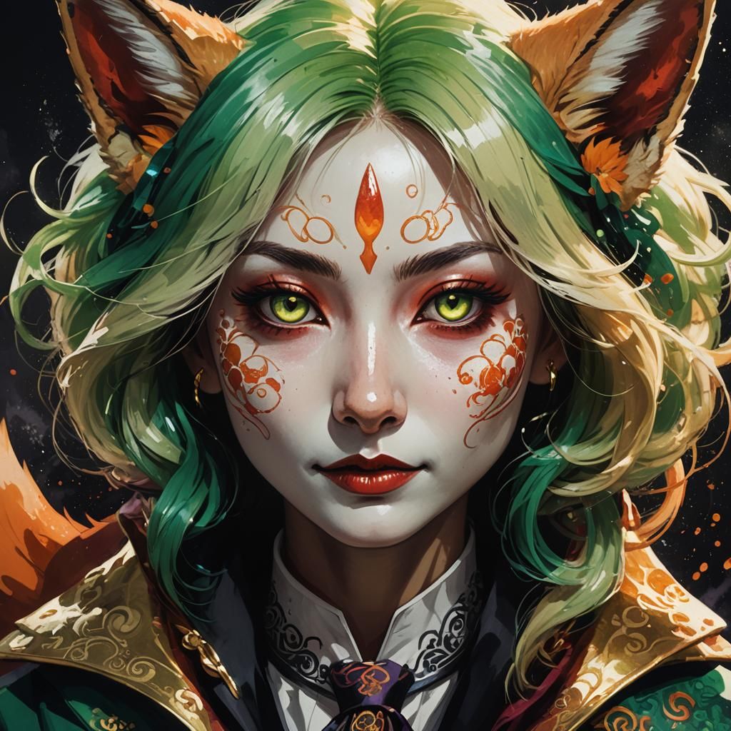 Kitsune in Art Nouveau Style with Golden Shadows