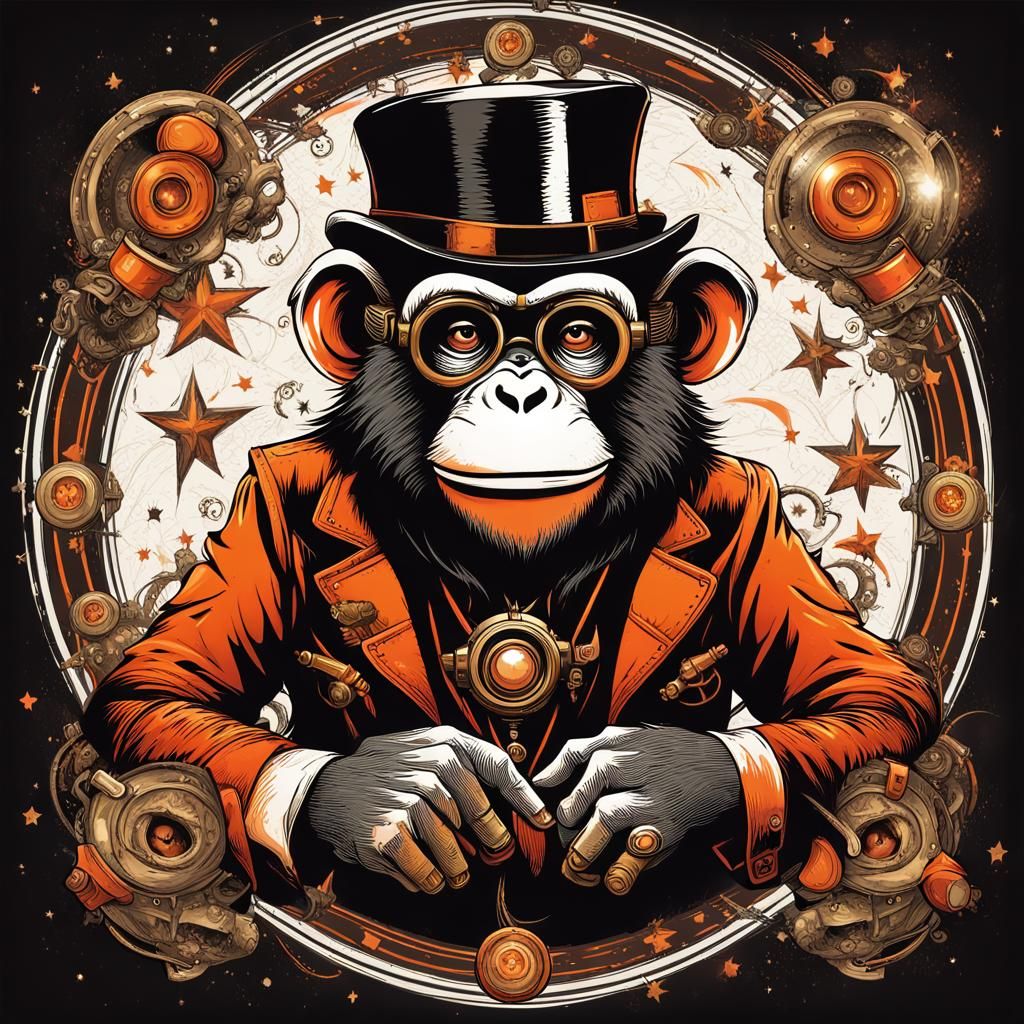 Steampunk Monkey with Cigarette and Flying Stars