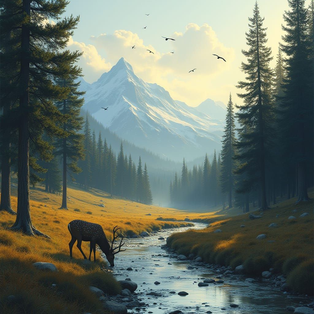 Pastoral Forest Scene with Deer, Hyperrealistic Style