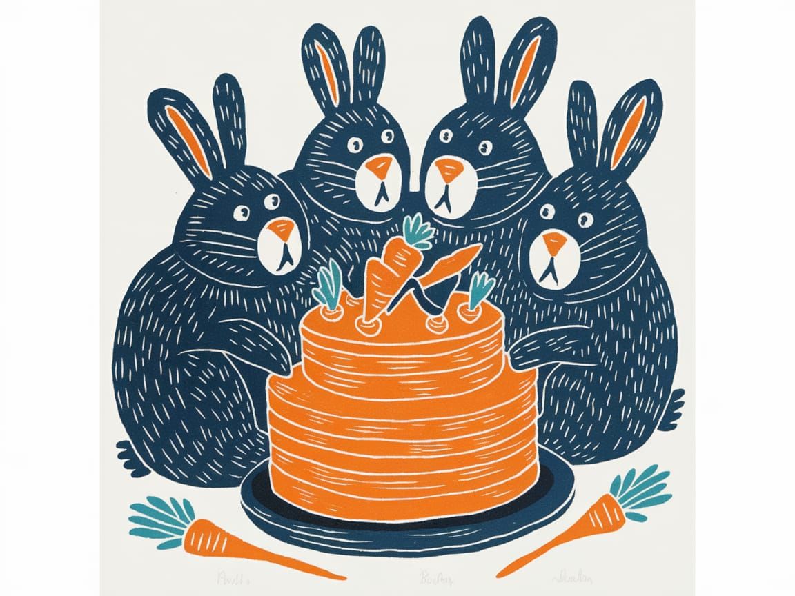 Whimsical Bunnies Enjoy a Sweet Treat in a Colorful Linocut