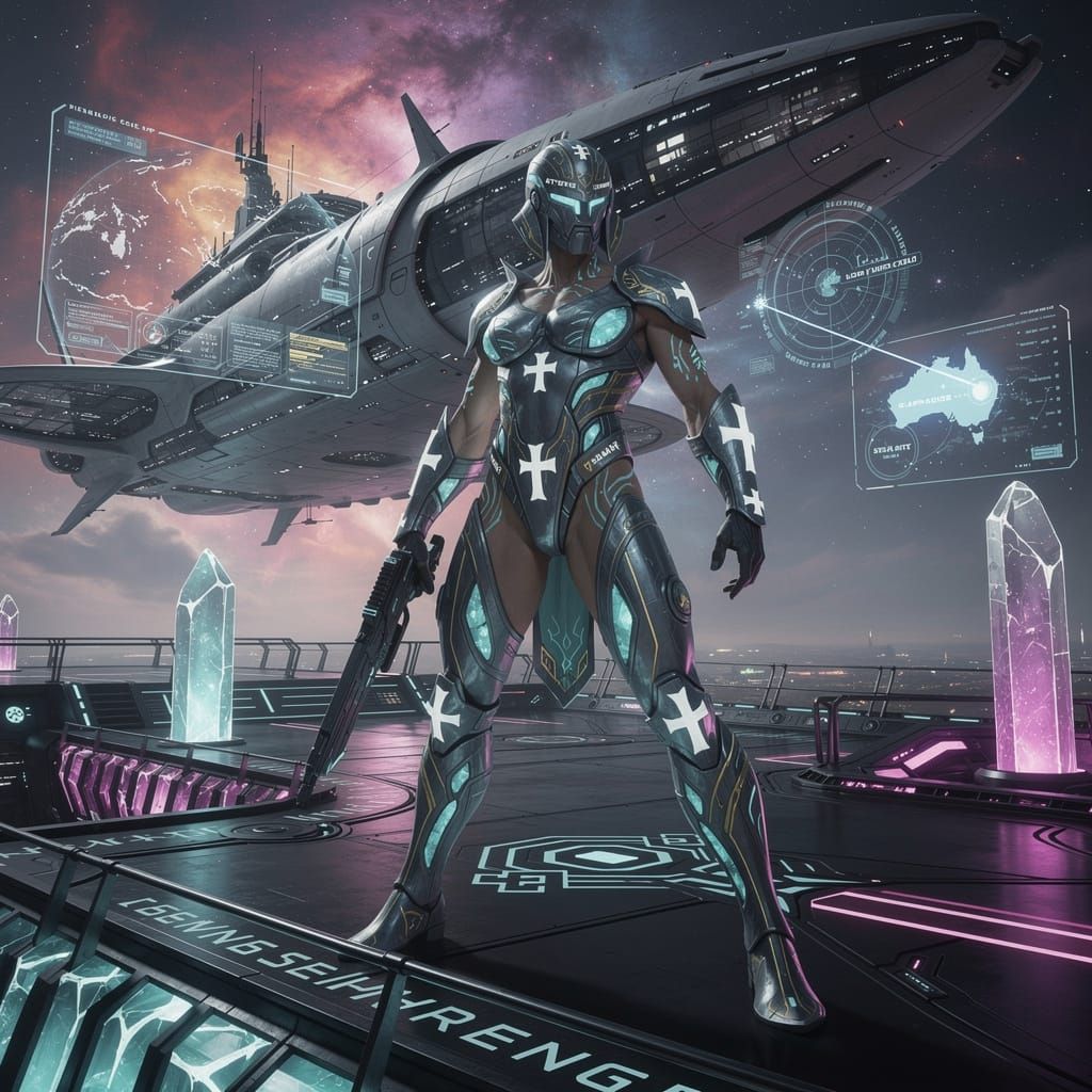 Futuristic Warrior on Alien Spaceship in Cyberpunk Style