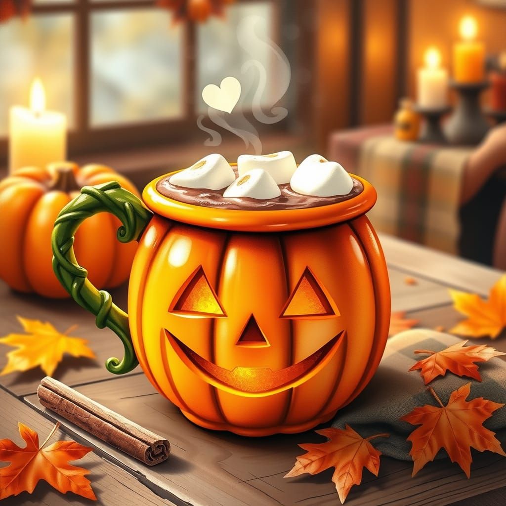 A cute jack-o’-lantern–shaped mug sits on a rustic wooden ta...