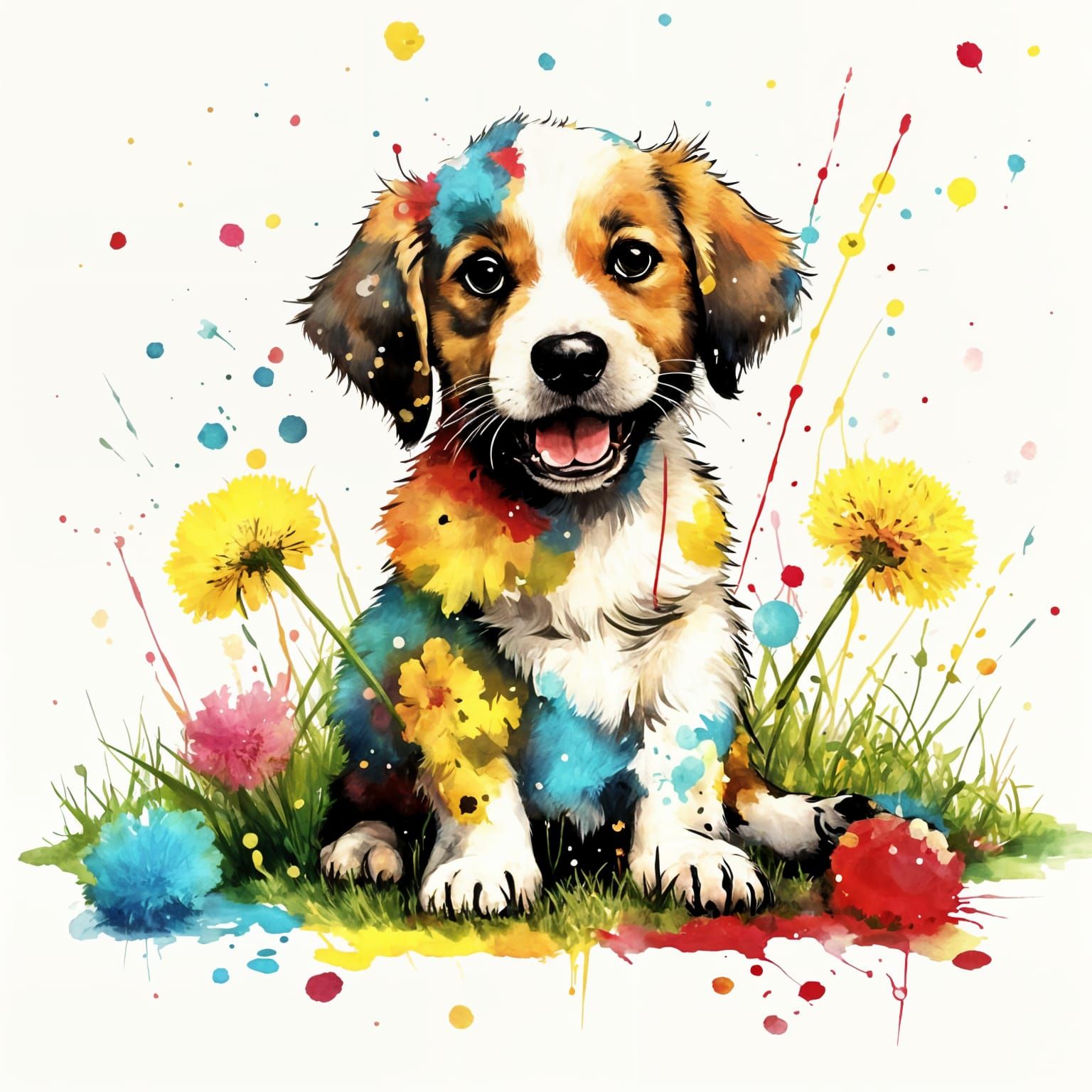 Kawaii Splatter Puppy in Maximalist Style