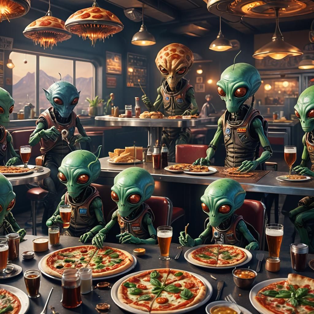 Cute Aliens Enjoying Fly-In Diner in Orbit