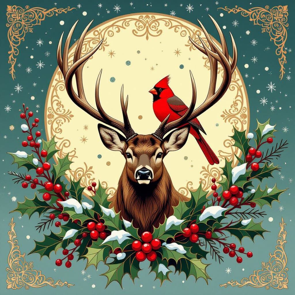 Majestic Stag Head Adorned with Holly and Cardinal