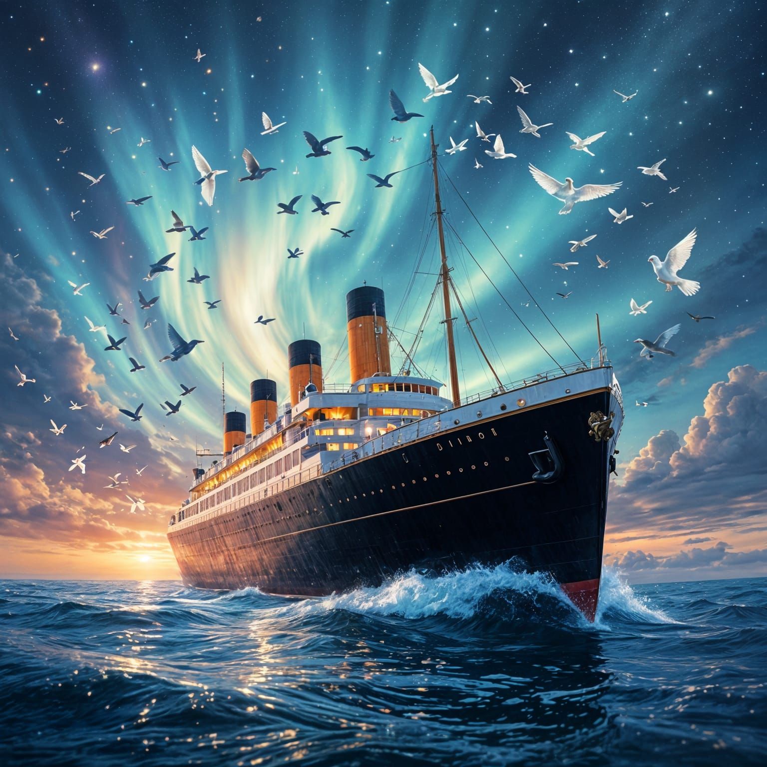 Titanic Ascends to Heavens with Rainbow Birds