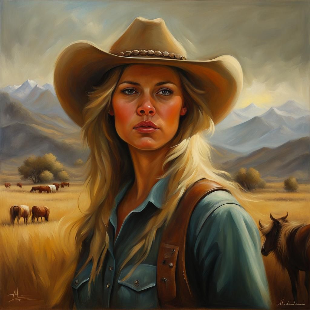 Female Rancher Portrait in Realistic Oil Painting