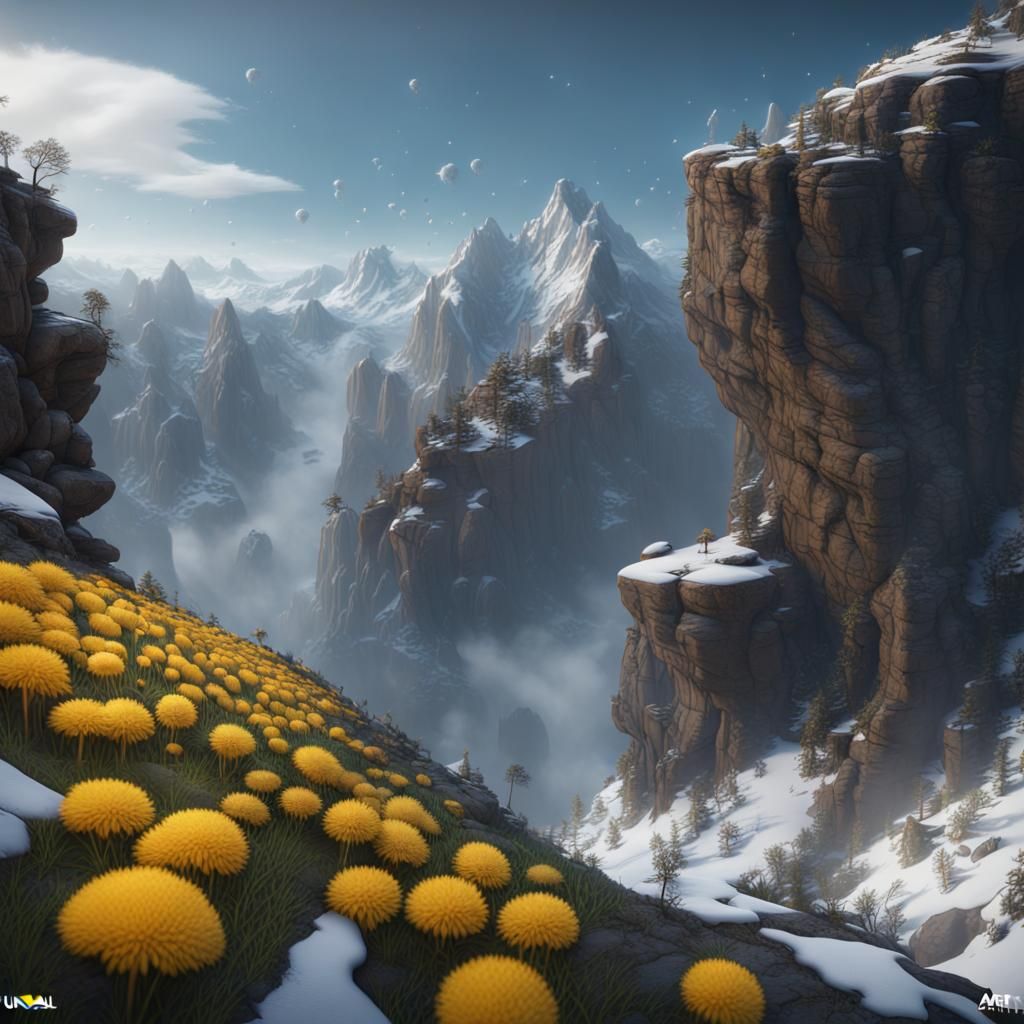 Mountain Cliffside Scene with Dandelions, Matte Painting