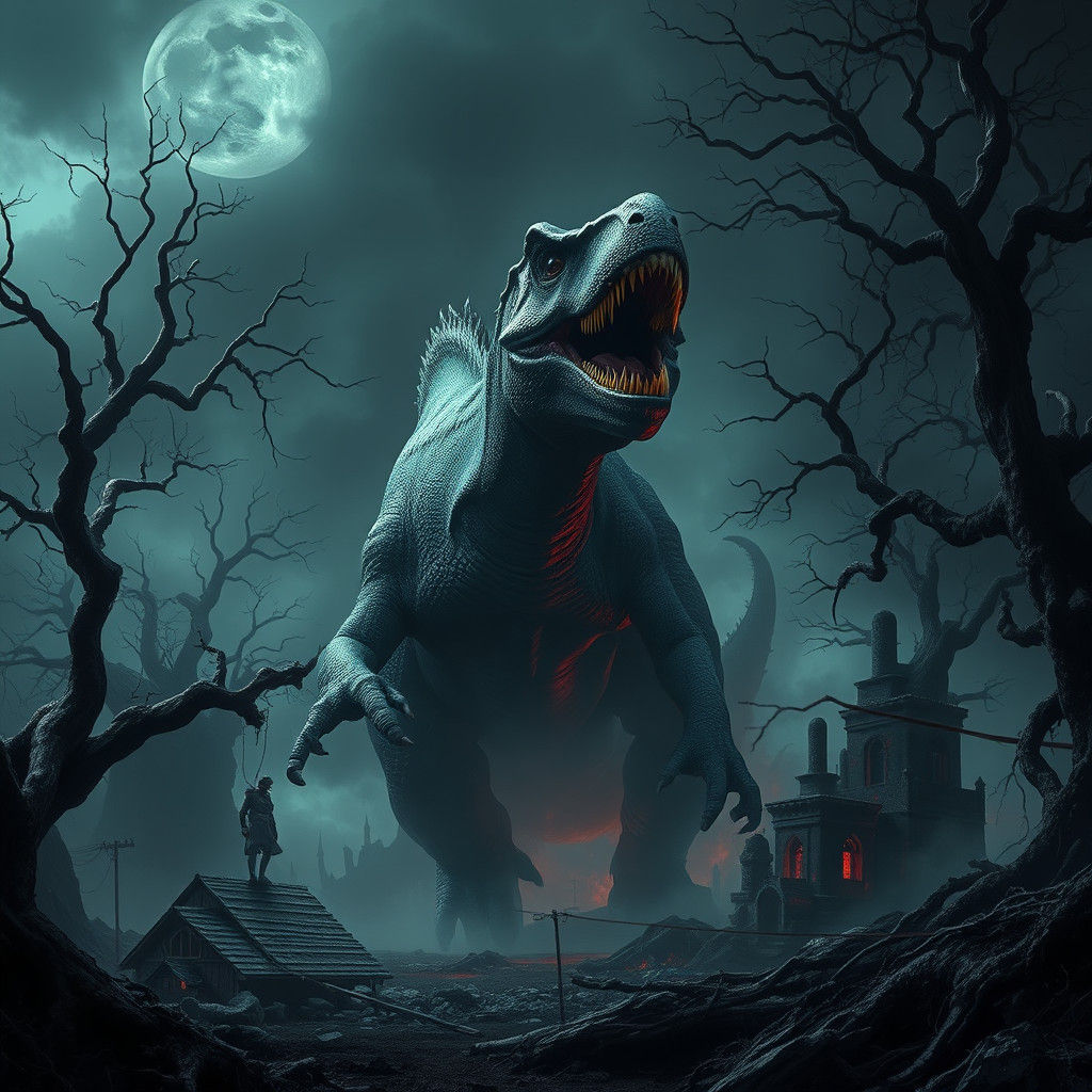 Eerie Dinosaur Emerges in Dark Fantasy Landscape