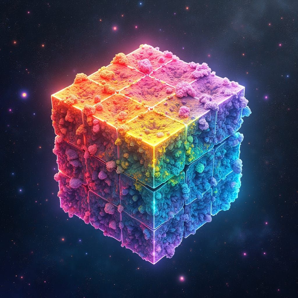 Rainbow Cube in Astral Space: Pointillism Style