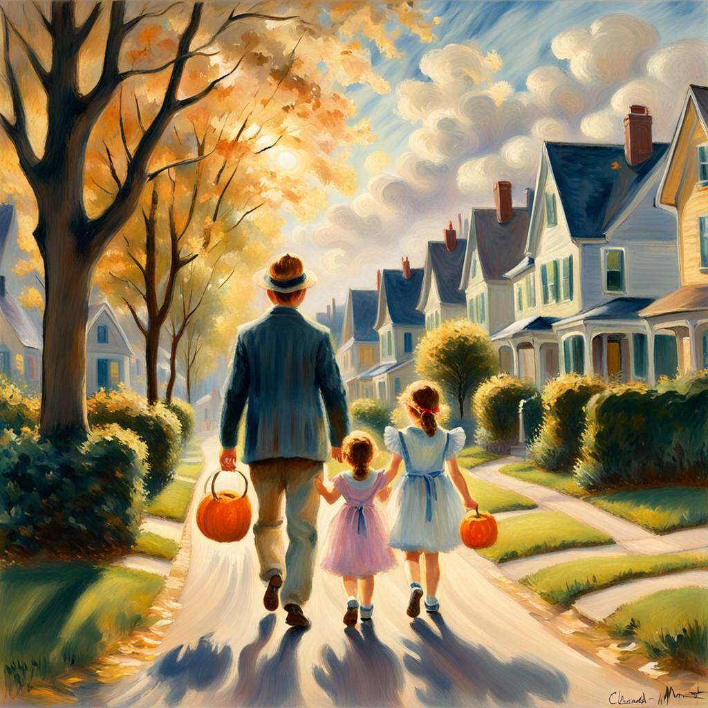 Impressionist Autumn Scene: Dad and Twins Trick-or-Treating
