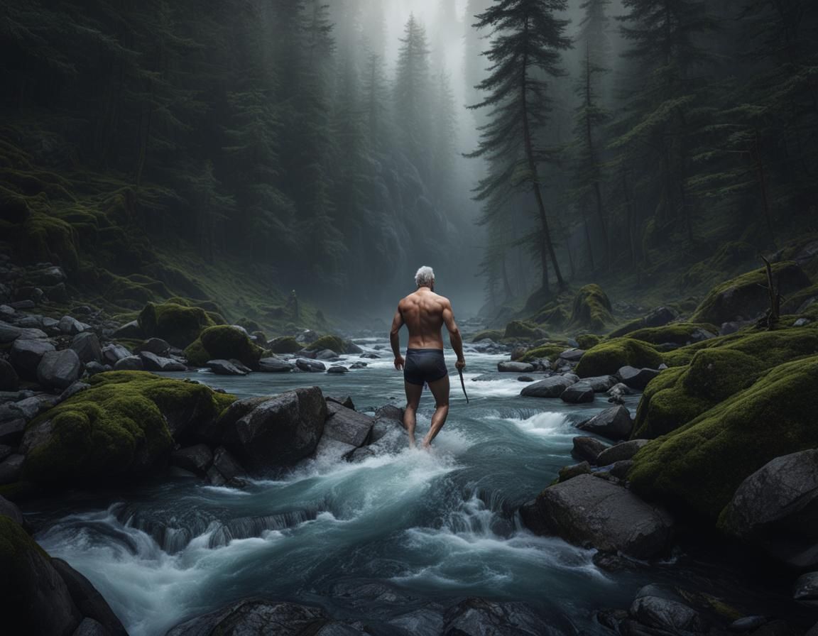 Man Enters Icy River in Snowy Forest