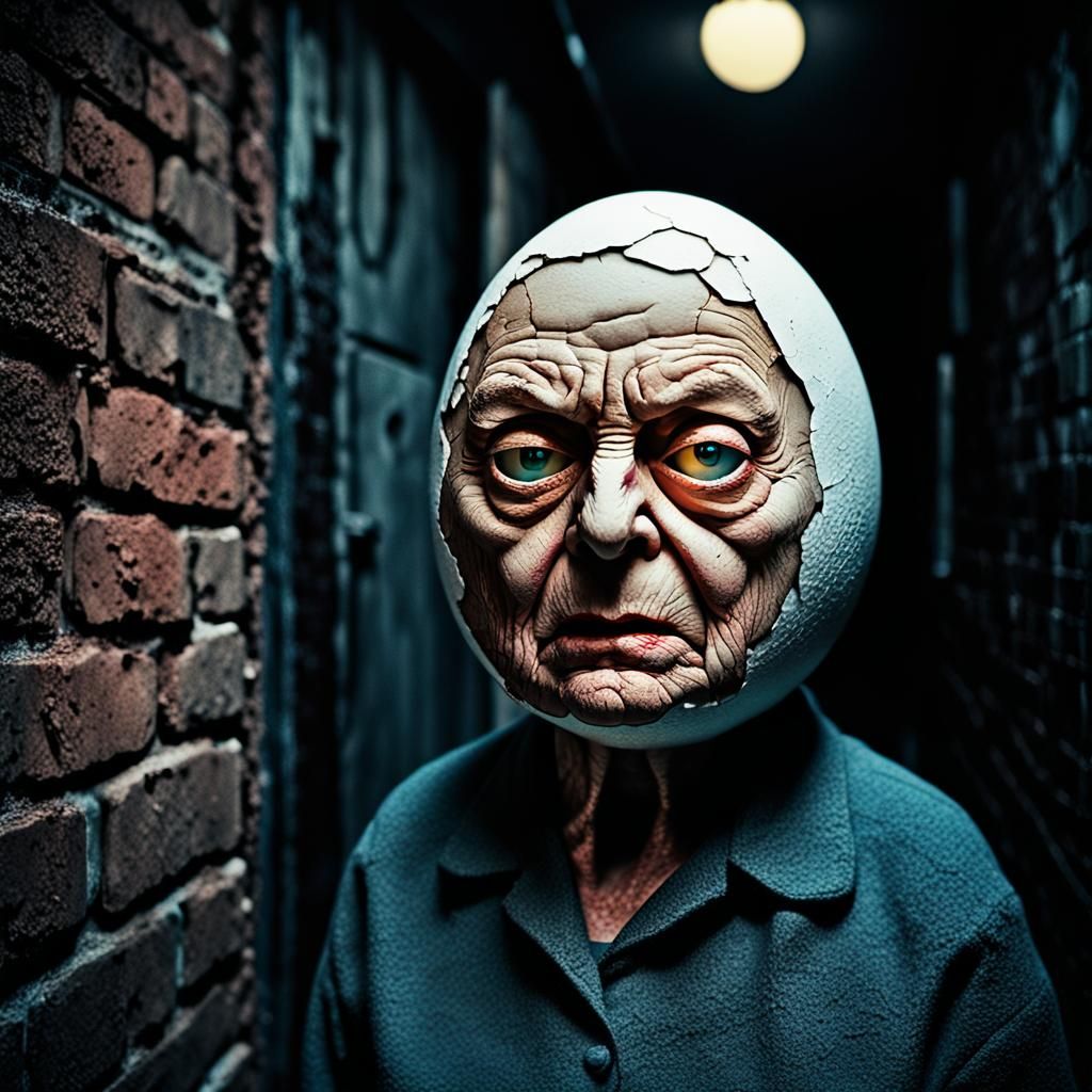 Surreal Edna Krabappel Egg in Grungy Alleyway
