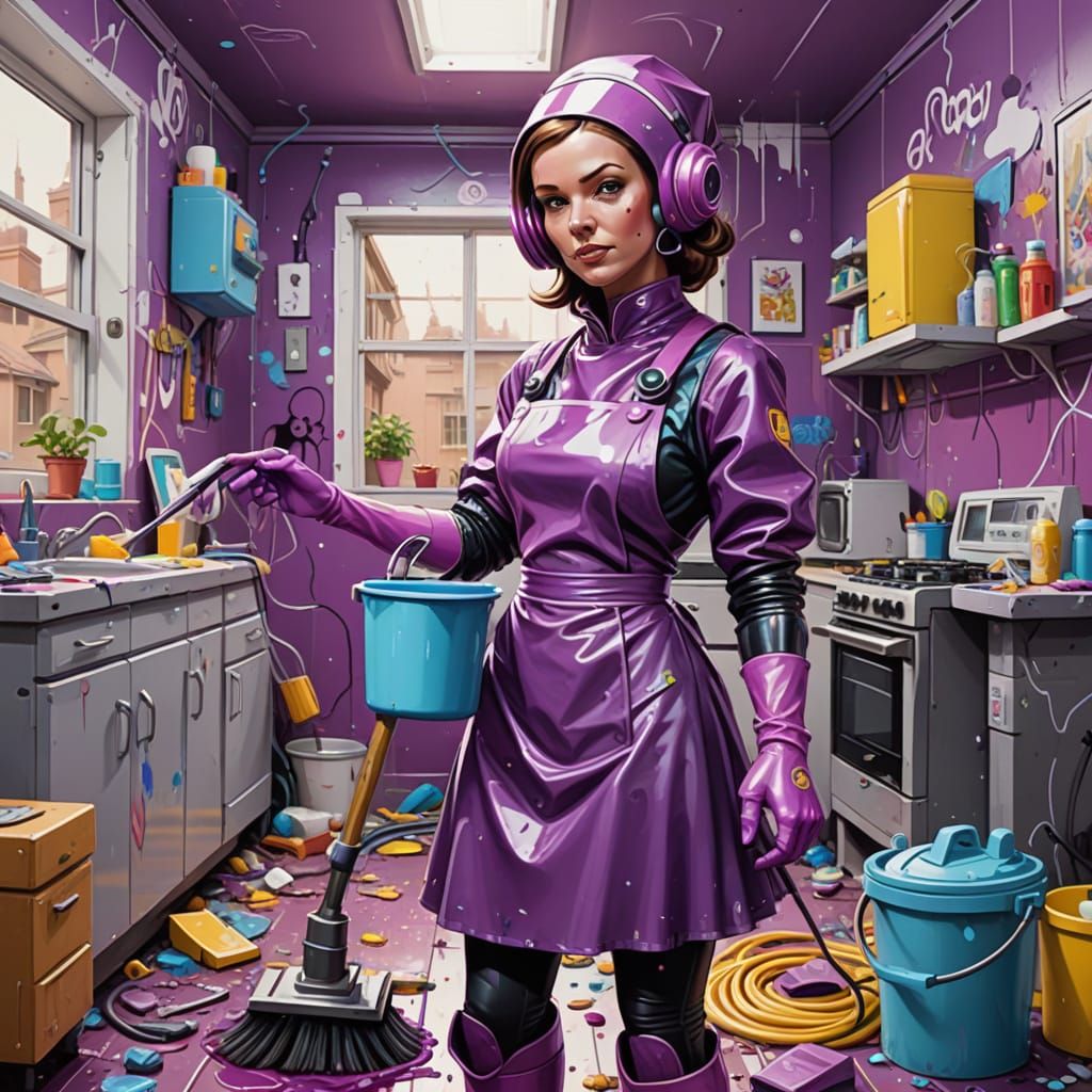 Cheerful Android Housekeeper in Vibrant Graffiti Style