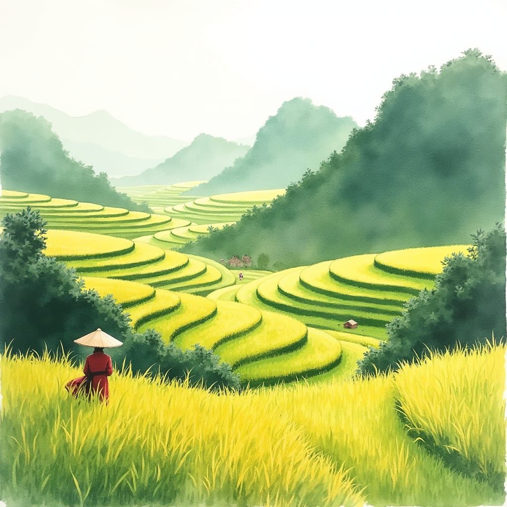 Serene Chinese-Inspired Rice Field Landscape in Watercolor