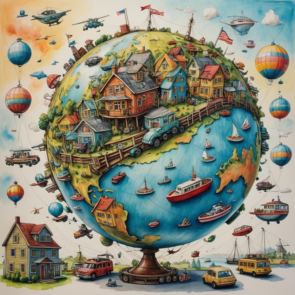 Globe with Tiny Vehicles in Pastel Sketch Style