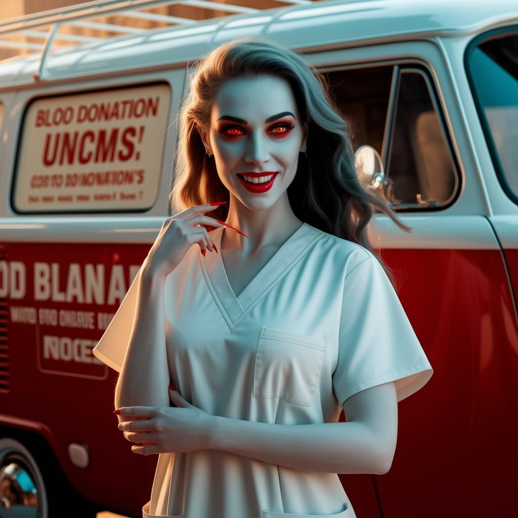 Ethereal Vampire Nurse in Vintage Blood Donation Van